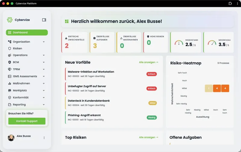 Cybervize-Plattform Dashboard mit Risiko-Heatmap, Vorfaellen und KPI-Cards