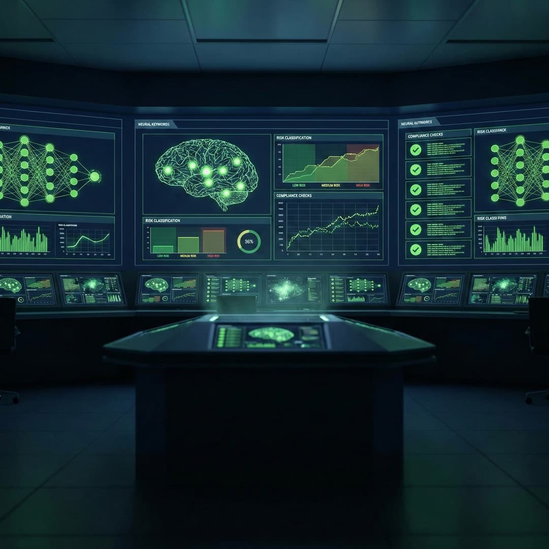 AI Security Governance – AI control room with security dashboards and neural networks