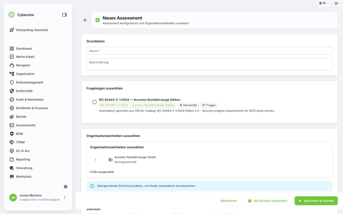 OdySecure: Create new assessment with questionnaire selection and organisational unit assignment