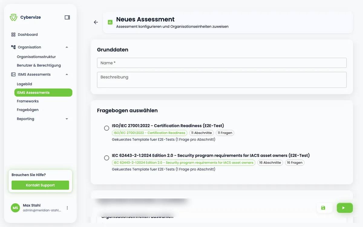 Cybervize-Plattform: Neues Assessment anlegen mit Fragebogen-Auswahl nach IEC 62443 und ISO 27001