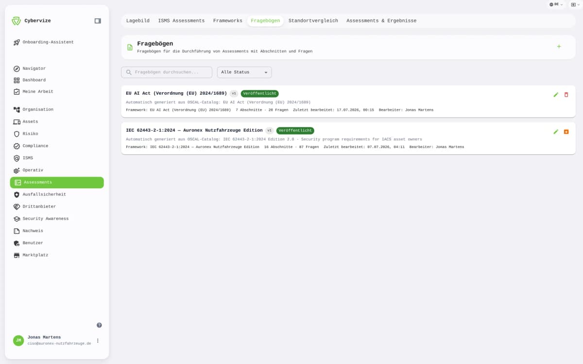 Cybervize Assessment questionnaire with standard mapping