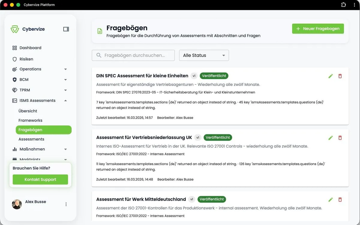 Cybervize Assessment questionnaire with standard mapping