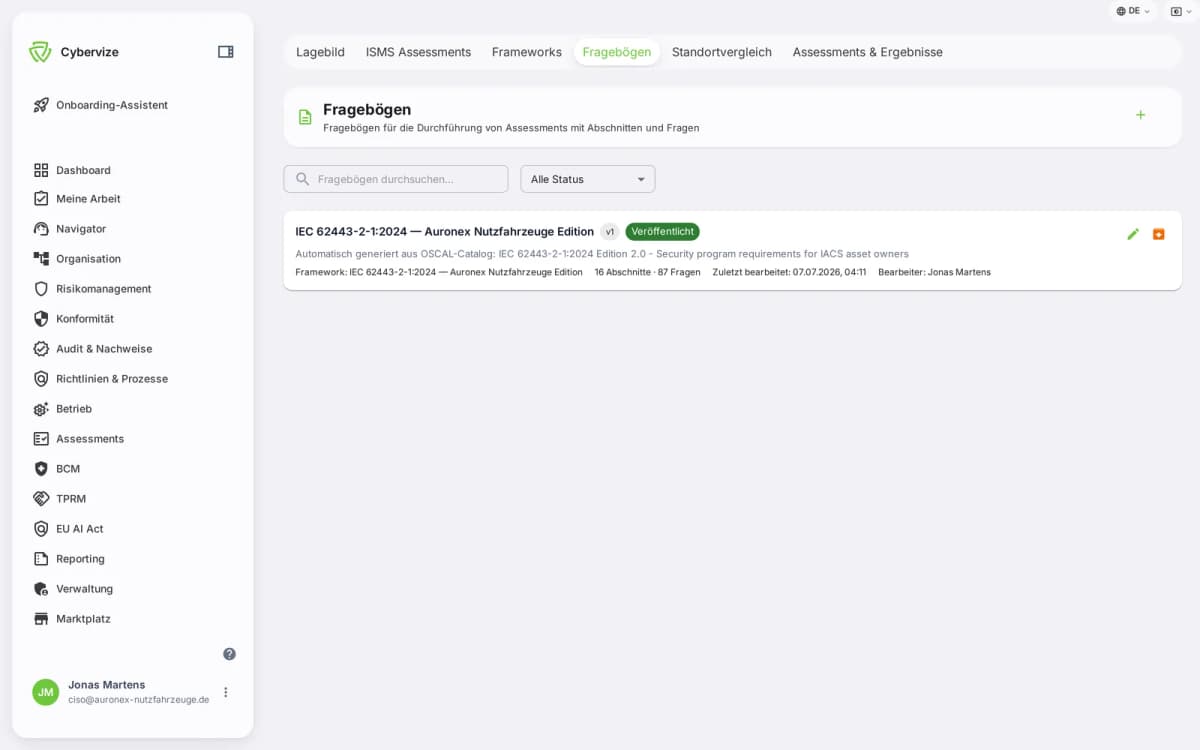 Cybervize Assessment-Fragebogen mit Standard-Mapping
