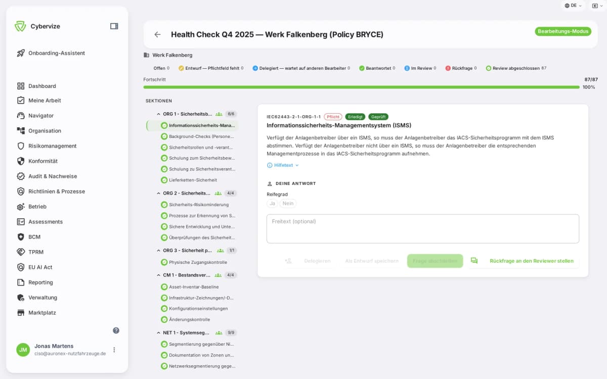 Cybervize-Plattform: Assessment-Bearbeitung mit Fragenkatalog, Fortschritt und Review-Status