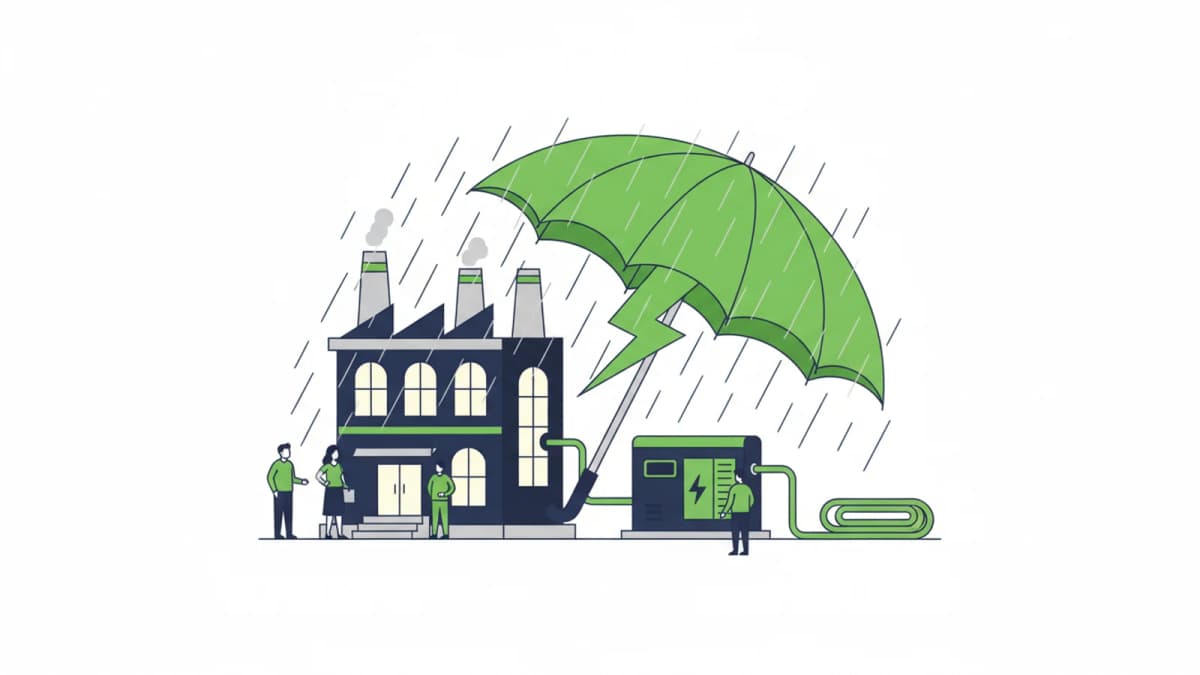 Fabrik unter einem großen Schirm im Gewitter, ein Notstromaggregat hält den Betrieb am Laufen