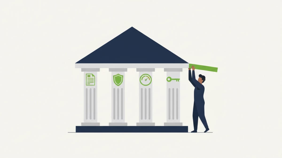 Gebäude auf vier Säulen mit Symbolen für Richtlinie, Schutz, Messung und Schlüssel, eine Person setzt den Dachbalken