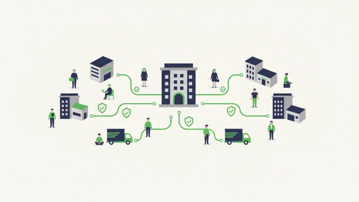 Company at the centre connected to supplier buildings and delivery trucks, each connection marked with a shield