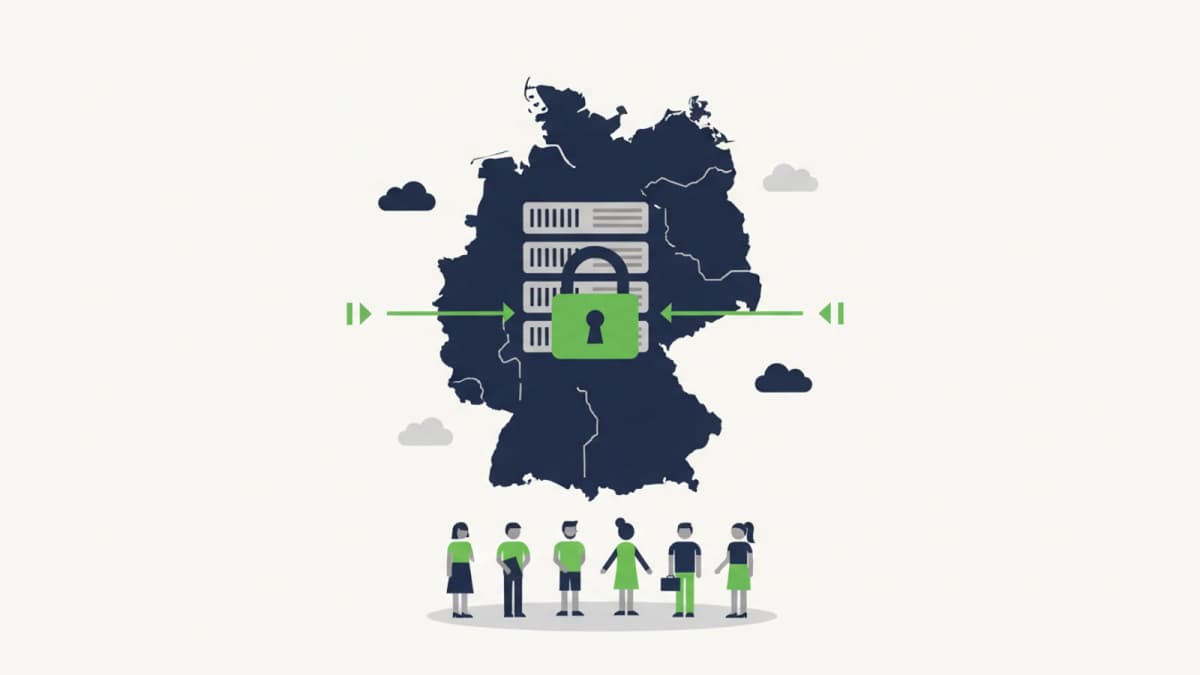 Server rack with a padlock inside the outline of Germany, clouds kept outside