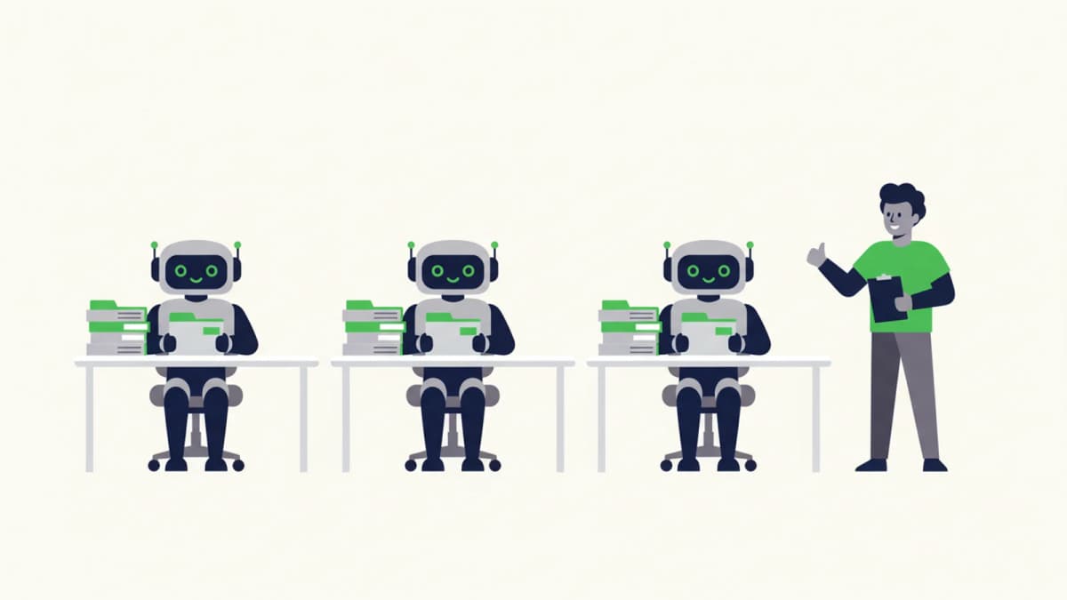Drei Roboter arbeiten an Schreibtischen mit Ordnern, eine Person beaufsichtigt mit Klemmbrett