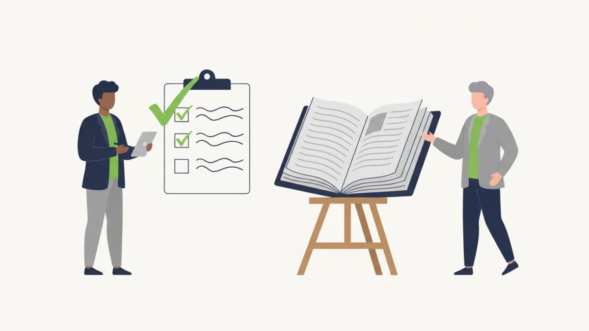 Advisor with a tablet beside a checklist with green ticks, opposite an open rulebook on an easel