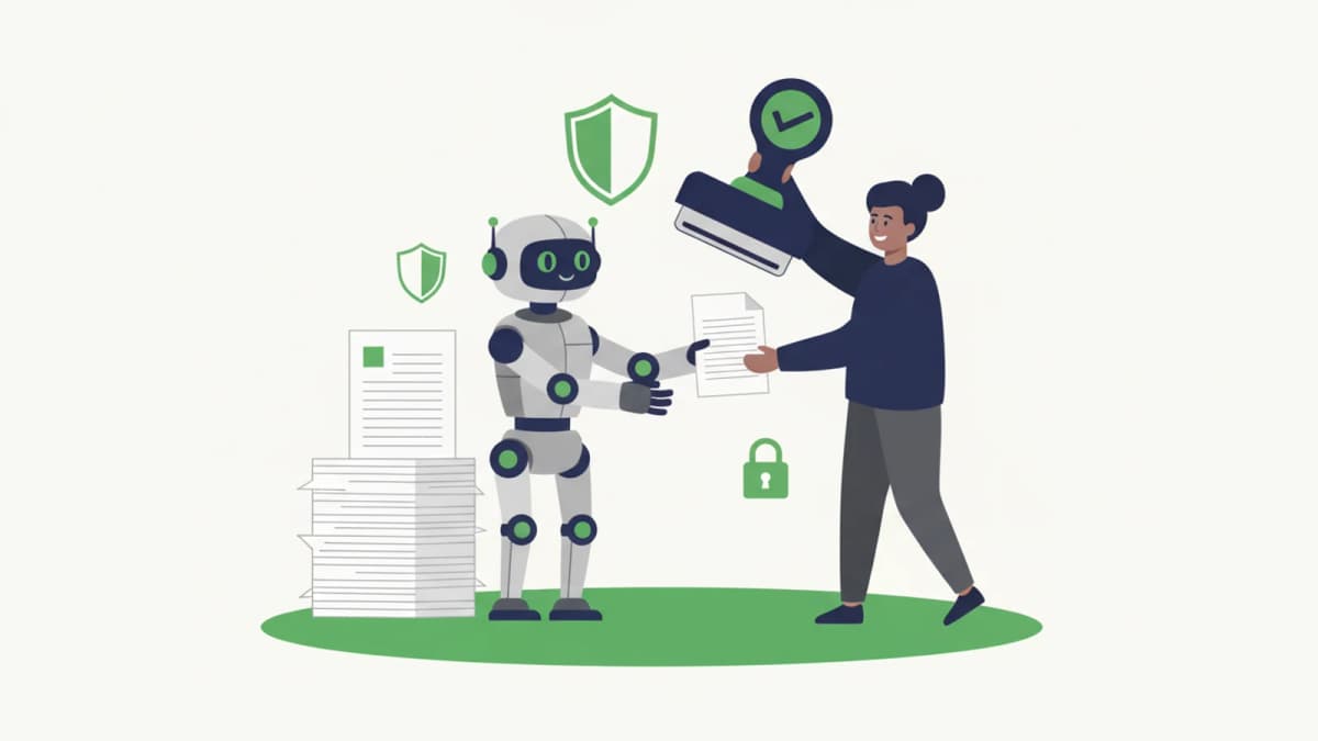 A robot hands over prepared documents, a person checks them and approves with a stamp