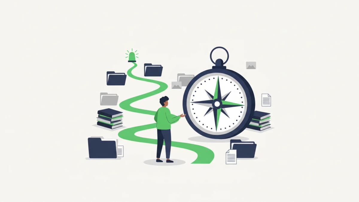 Person following a green path between folders, a large compass showing the direction