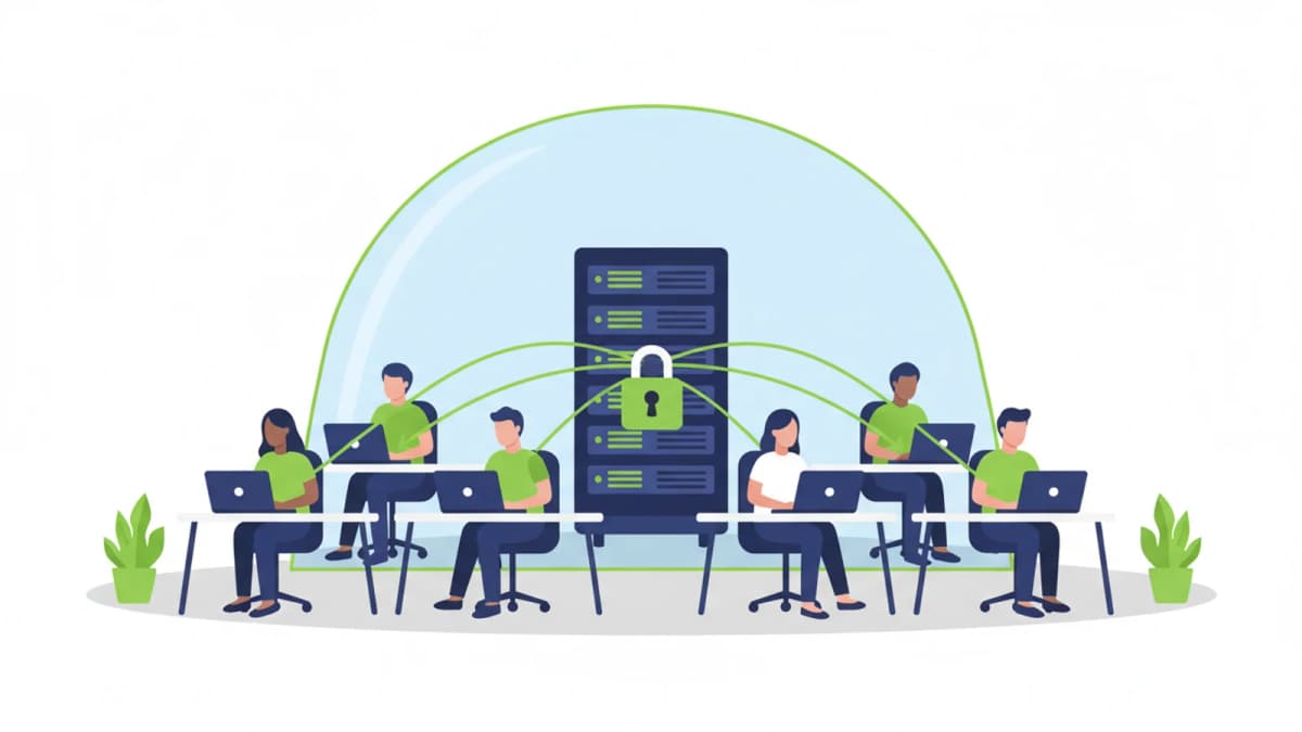 A team working on laptops under a protective dome, each workstation connected to a locked server rack in the same room
