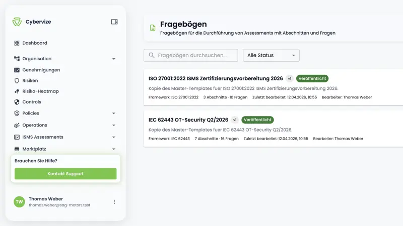 Assessment: ISO 27001 und IEC 62443 Fragebögen mit automatischem Scoring