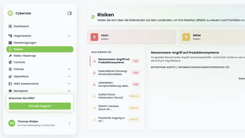 Risikomanagement: Übersicht aller Risiken mit Bewertung und betroffenen Assets