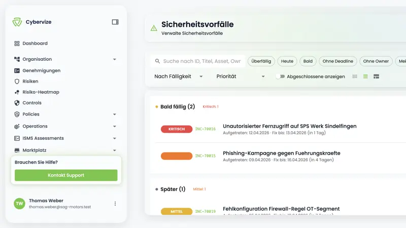 Cybervize-Plattform Incident-Management mit Priorität, Fristen und 24h/72h Meldewegen