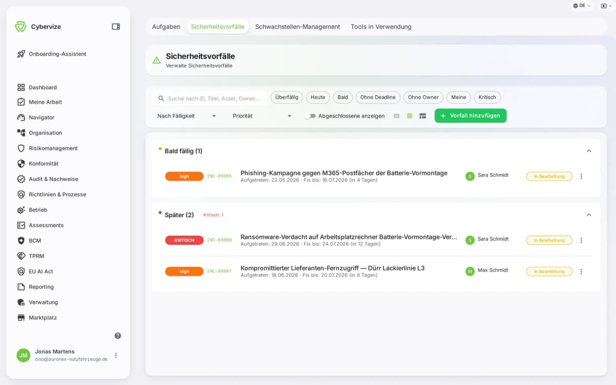Cybervize-Plattform Incident-Management mit Priorität, Fristen und 24h/72h Meldewegen