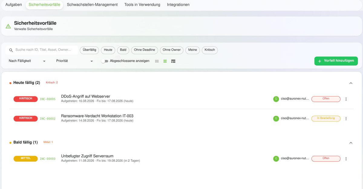 Security incidents in OdySecure: two critical incidents due today, one medium due soon, each with ID, owner and status