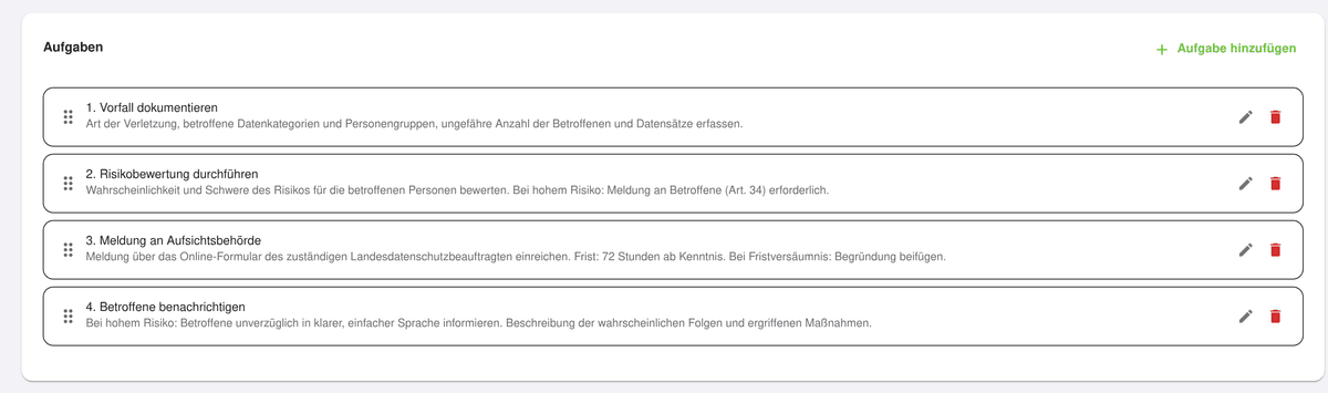 Playbook “data breach notification” in OdySecure: four steps from documentation through risk assessment and notifying the supervisory authority to informing the data subjects